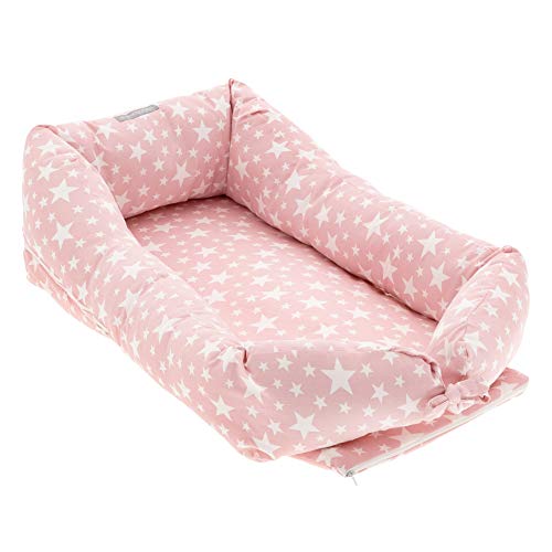 Mimuselina Cuco Nest Reductor | Cama Nido Desenfundable, Minicuna Portátil Colcheo, Reductor de Cuna, Chichonera, Cojín de Lactancia, Impermeable, Estampado Estrellas Rosa, 85x52 cm