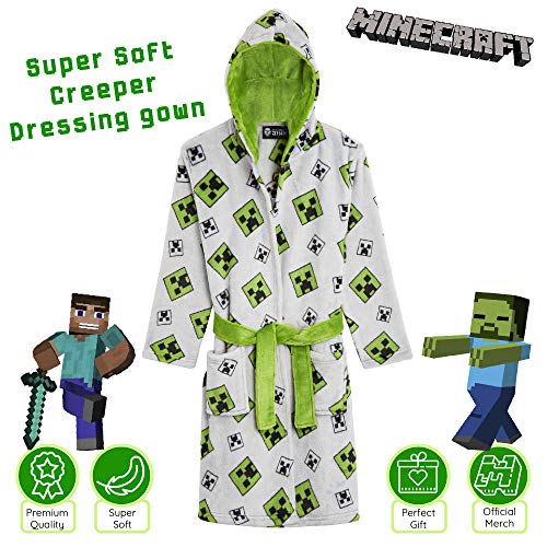 Minecraft Bata para Niños con Diseño Creeper, Batas de Estar por Casa de Forro Polar Suave con Capucha, Ropa de Dormir para Niño, Regalos Originales para Gamers (9-10 años)