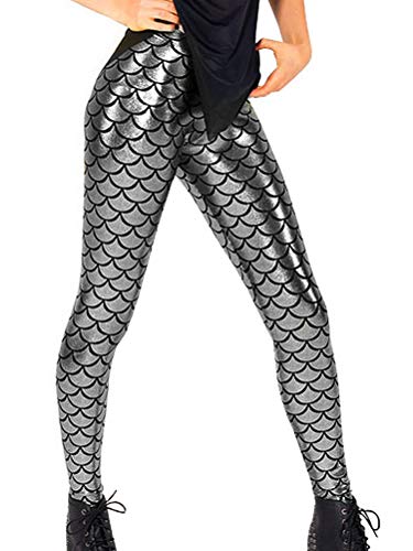 Minetom Mujer Leggings Push Up Skinny Pantalones Brillante Chic Escamas De Pescado Cintura Alta Elásticas Leggins Fitness Nocturno Disco Partido Carnaval Fiesta Plateado XL