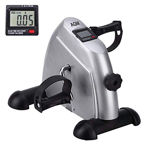 Mini bicicleta estática pedales para entrenamiento de brazos y piernas y hacer ejercicio en casa con pantalla LCD (Plata)