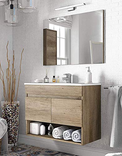 Miroytengo Mueble Lavabo suspendido Que Incluye Espejo Mueble baño de Dos Puertas y Hueco Abierto 80x45x64 cm con LAVAMANOS PMMA