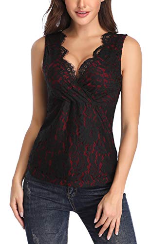 MISS MOLY Mujer Camiseta de Tirantes con Cuello en V Camisas Blusas Encaje Rojo X-Large