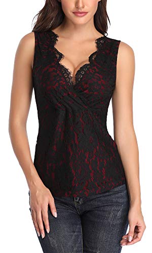 MISS MOLY Mujer Camiseta de Tirantes con Cuello en V Camisas Blusas Encaje Rojo X-Large