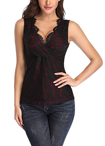 MISS MOLY Mujer Camiseta de Tirantes con Cuello en V Camisas Blusas Encaje Rojo X-Large