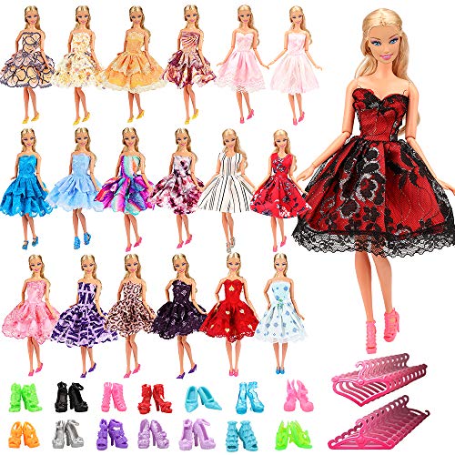 Miunana 15 Artículos = 5X Vestidos de Corto + 5 Pares Zapatos y 5 Perchas Vestir Ropa Casual Accesorios como Regalo para 11.5 Pulgadas 28 - 30 CM Muñeca Doll