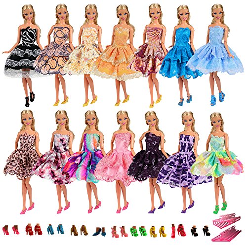 Miunana 15 Artículos = 5X Vestidos de Corto + 5 Pares Zapatos y 5 Perchas Vestir Ropa Casual Accesorios como Regalo para 11.5 Pulgadas 28 - 30 CM Muñeca Doll