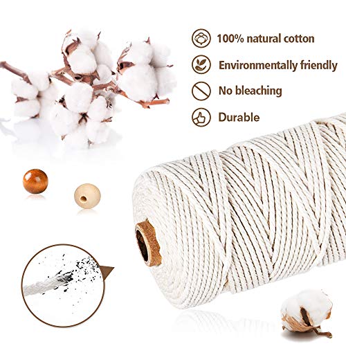 MMTX Cuerda de Algodón Natural, Hilo Cuerda Macrame 100M/3mm con Anillo de Madera DIY Beads Key Ring para Envolver Regalo Navidad, Colgar Fotos, Manualidades, Costura, DIY Artesanía