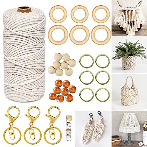 MMTX Cuerda de Algodón Natural, Hilo Cuerda Macrame 100M/3mm con Anillo de Madera DIY Beads Key Ring para Envolver Regalo Navidad, Colgar Fotos, Manualidades, Costura, DIY Artesanía