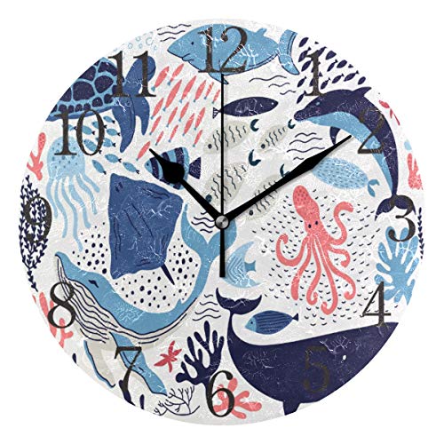 Mnsruu Sea Life Elements - Reloj de pared redondo, silencioso, sin tictachuelas al óleo, para dormitorio, sala de estar, oficina, escuela, decoración del hogar