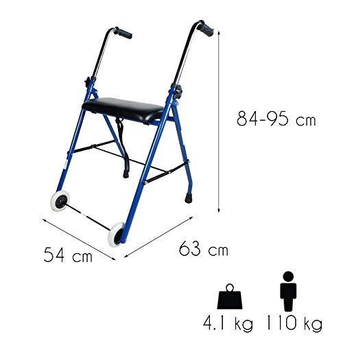 Mobiclinic, Modelo Emérita, Andador para ancianos, adultos, mayores o minusválidos, de acero, ligero, plegable, con asiento y 2 ruedas, Color Azul