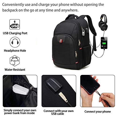 Mochila Antirrobo Impermeable, Mochila Portátil Hombre 17.3 Pulgadas Puerto USB Impermeable Trabajo Ordenador Viaje Negocio Multifuncional Daypacks Negro