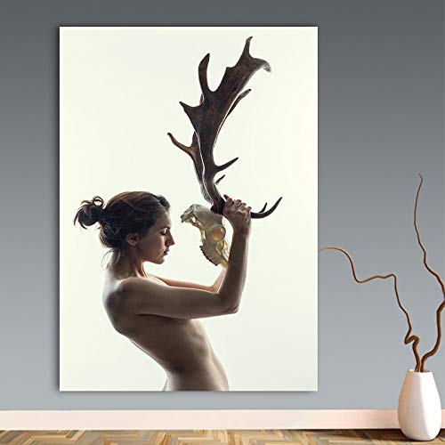 Moda mujer y máscara de hueso de ciervo imagen de arte de pared abstracta lienzo póster nórdico pared arte impresión pintura sala decoración 20x30 cm Sin marco