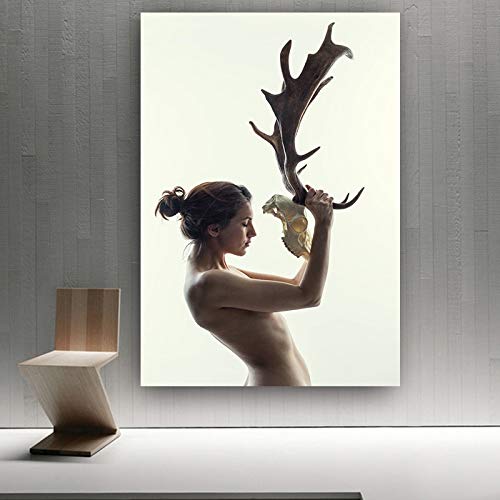 Moda mujer y máscara de hueso de ciervo imagen de arte de pared abstracta lienzo póster nórdico pared arte impresión pintura sala decoración 20x30 cm Sin marco