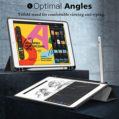 MoKo Case Fit - Funda para iPad de 7ª generación de 10,2" 2019 y iPad 10.2 con Soporte para lápiz Apple, Carcasa Inteligente con Parte Trasera translúcida y Protector de Parachoques, Color Negro