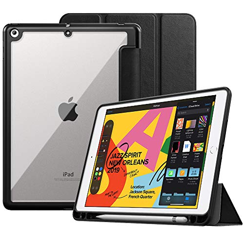 MoKo Case Fit - Funda para iPad de 7ª generación de 10,2" 2019 y iPad 10.2 con Soporte para lápiz Apple, Carcasa Inteligente con Parte Trasera translúcida y Protector de Parachoques, Color Negro