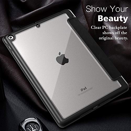 MoKo Case Fit - Funda para iPad de 7ª generación de 10,2" 2019 y iPad 10.2 con Soporte para lápiz Apple, Carcasa Inteligente con Parte Trasera translúcida y Protector de Parachoques, Color Negro