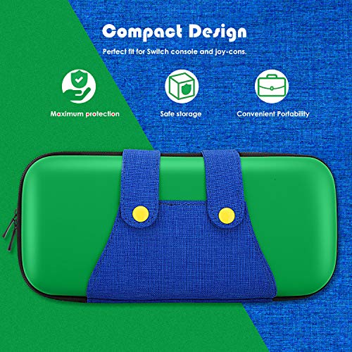 MoKo Funda Compatible con Nintendo Switch, Mario Estuche de EVA + PU Portátil Ligero Protector para el Panel del Control de Nintendo Switch con 10 Puestos de Cartucho de Juego – Verde + Azul