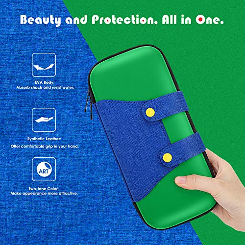 MoKo Funda Compatible con Nintendo Switch, Mario Estuche de EVA + PU Portátil Ligero Protector para el Panel del Control de Nintendo Switch con 10 Puestos de Cartucho de Juego – Verde + Azul