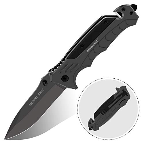 morpilot Navaja Plegable Cuchillo de Acero Inoxidable con Punta Rompevidrio y Cutter Cinturón Cuchillo Plegable con Mango Acero Inoxidable para Acampar, Picnic, Caza