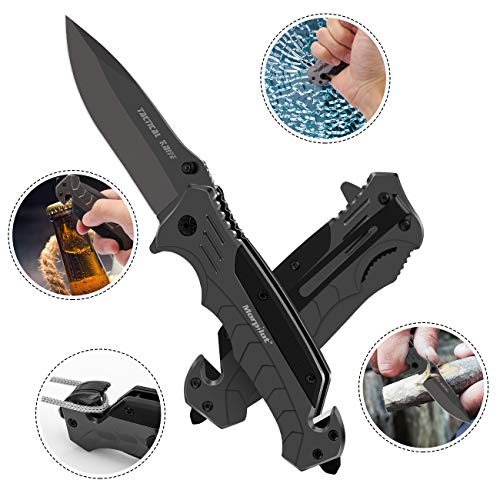 morpilot Navaja Plegable Cuchillo de Acero Inoxidable con Punta Rompevidrio y Cutter Cinturón Cuchillo Plegable con Mango Acero Inoxidable para Acampar, Picnic, Caza