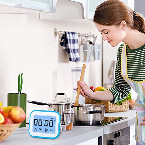 MOSUO Temporizador de Cocina, Cronómetro con Pantalla táctil, Temporizador Digital Magnético/Reloj/Alarma, Cuenta Atrás/hacia Delante, LED Pantalla 12/24h, Azul-Blanco