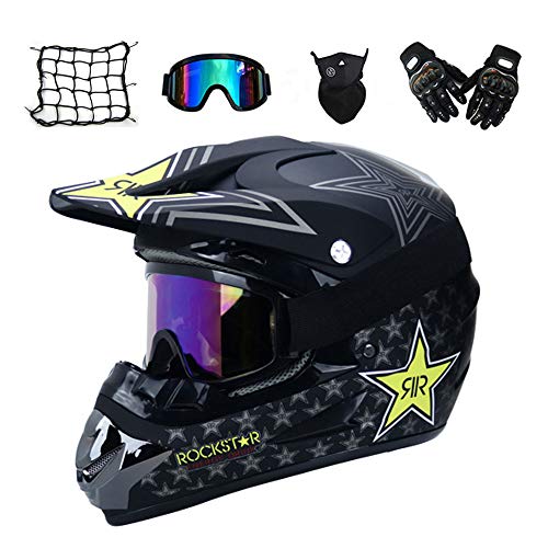 MRDEAR Casco Descenso Hombre, Negro/Rockstar - Adulto Casco Motocross Enduro MTB con Gafas/Máscara/Guantes/Red Elástica, Casco Cross Quad Off Road ATV Scooter,L