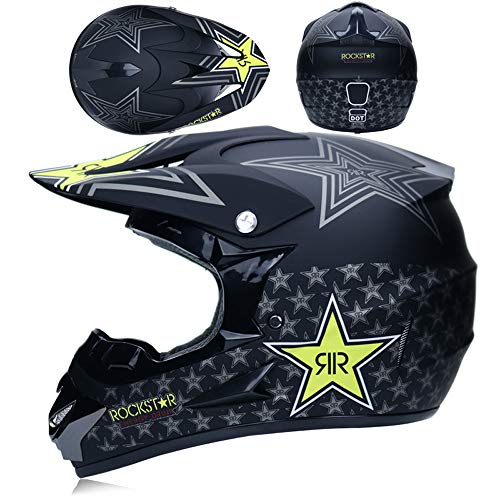 MRDEAR Casco Descenso Hombre, Negro/Rockstar - Adulto Casco Motocross Enduro MTB con Gafas/Máscara/Guantes/Red Elástica, Casco Cross Quad Off Road ATV Scooter,L