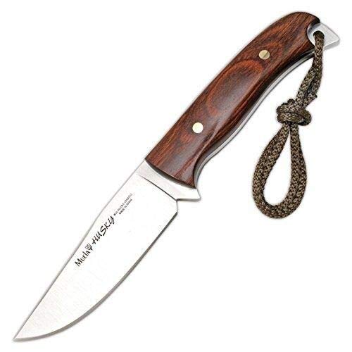 Muela Cuchillo husky HUSKY-10R hoja de acero MoVa de 10 cm y empuñadura de madera rosewood para Caza, Pesca, Supervivencia y Bushcraft Realizado en Ciudad Real + Portabotellas de regalo