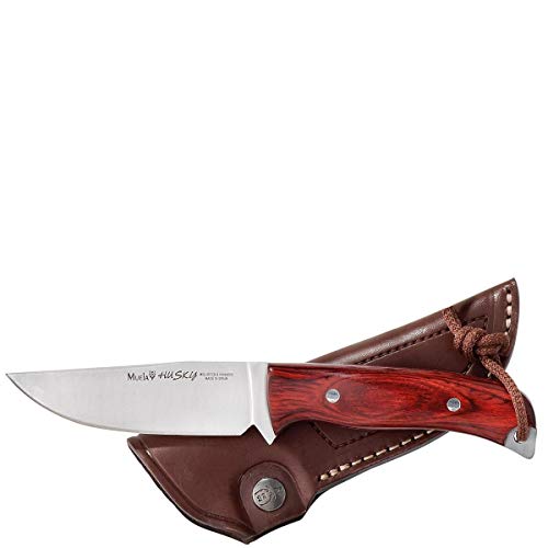 Muela Cuchillo husky HUSKY-10R hoja de acero MoVa de 10 cm y empuñadura de madera rosewood para Caza, Pesca, Supervivencia y Bushcraft Realizado en Ciudad Real + Portabotellas de regalo