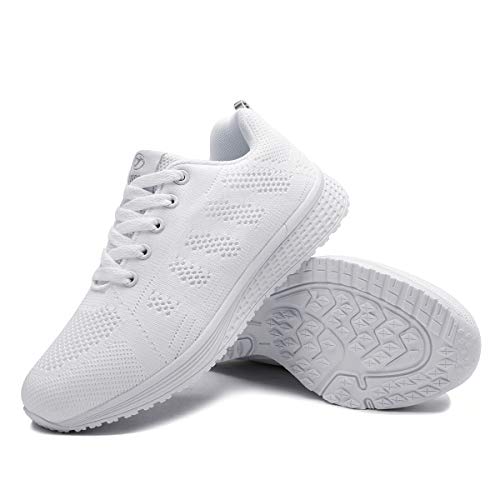 Mujer Entrenador Zapatos Gimnasio Deportes atléticos Zapatillas de Deporte Malla Informal Zapatos para Caminar Encaje Plano Blanco EU 39