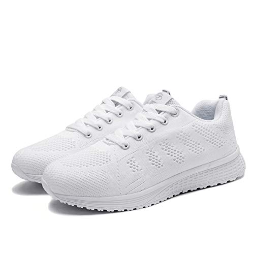 Mujer Entrenador Zapatos Gimnasio Deportes atléticos Zapatillas de Deporte Malla Informal Zapatos para Caminar Encaje Plano Blanco EU 39