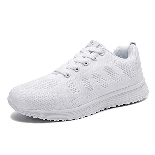 Mujer Entrenador Zapatos Gimnasio Deportes atléticos Zapatillas de Deporte Malla Informal Zapatos para Caminar Encaje Plano Blanco EU 39