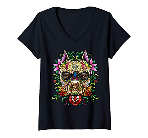 Mujer Perro de calavera de azúcar decorado - Día de los Muertos Camiseta Cuello V