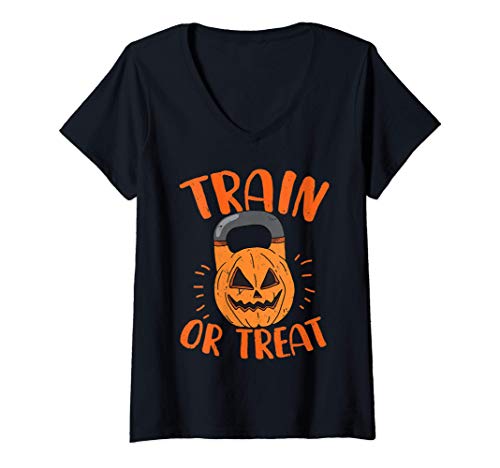 Mujer Pumpkin Kettlebell Halloween Truco o trato Clase Gimnasia Camiseta Cuello V
