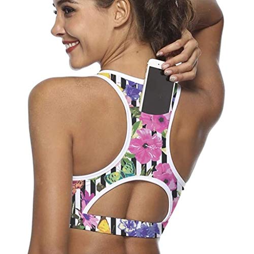 Mujer Sujetador Deportivo con Relleno Push Up Bustier Sport Tops con Bolsillo Correas Fitness Yoga Bra Shock Absorber Alto Impacto,B,L