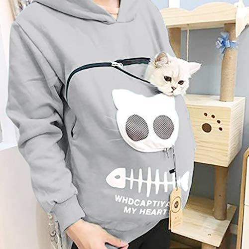 Mujeres Sudadera Portador de Mascotas Sudadera Canguro con Capucha Niña Jersey Bolsillo Funcional de Gato Ropa Tumblr Adolescente Chica Streetwear HULKY(Gris,XL)