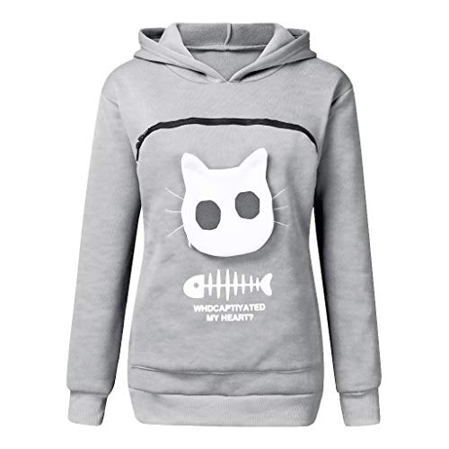 Mujeres Sudadera Portador de Mascotas Sudadera Canguro con Capucha Niña Jersey Bolsillo Funcional de Gato Ropa Tumblr Adolescente Chica Streetwear HULKY(Gris,XL)