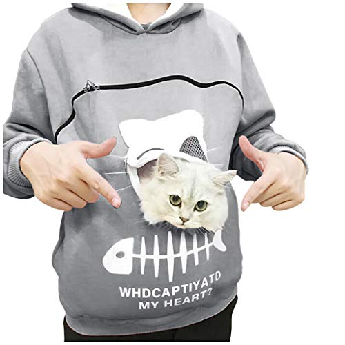 Mujeres Sudadera Portador de Mascotas Sudadera Canguro con Capucha Niña Jersey Bolsillo Funcional de Gato Ropa Tumblr Adolescente Chica Streetwear HULKY(Gris,XL)