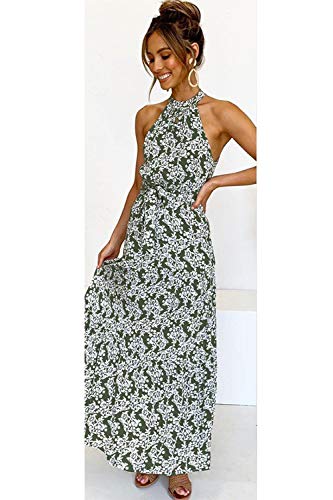 Mujeres Verano Bohemio Vestido Halter Sin Mangas Skater Floral Maxi Vestidos Verde M