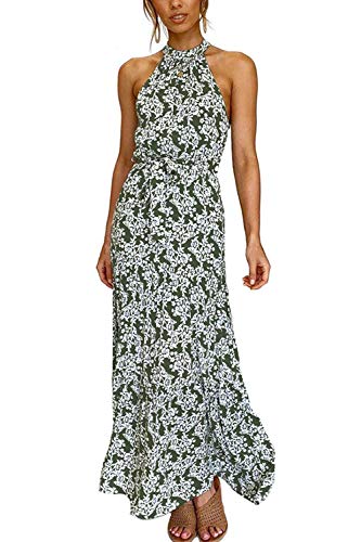 Mujeres Verano Bohemio Vestido Halter Sin Mangas Skater Floral Maxi Vestidos Verde M