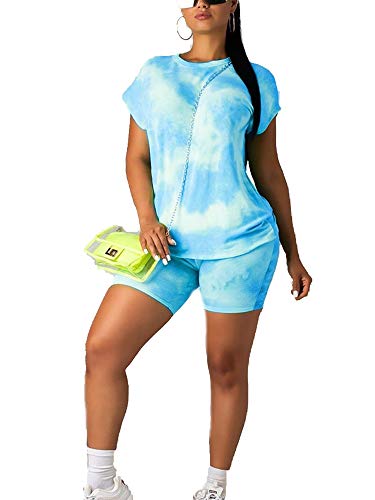 Mujeres Verano Deportes Tie Dye Colorido Imprimir 2 Piezas Shorts Top de Manga y Biker Shorts Conjunto de chándal Conjunto de chándal para Dama (Azul, XL)