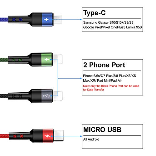 Multi Cable Cargador,4 en 1 Cable Multiple USB Tipo C Carga Micro USB Nylon Trenzado para Samsung S10 S9 S8/Huawei/Nexus 6P 5X/ Google Pixel/Android/Xiaomi/Pads