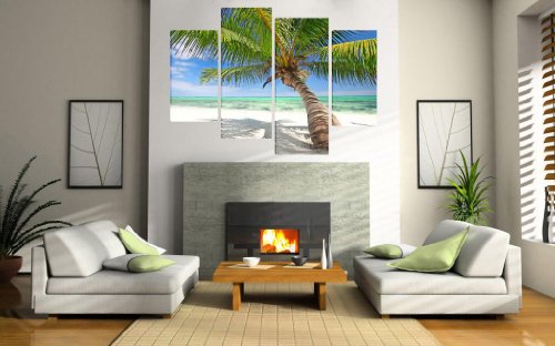Multi Split Panel arte en lienzo Art – Tropical playa de arena blanca Palm Árbol mar océano isla paraíso Costa – Art Depot Outlet – 4 Panel – 101 cm x 71 cm (40 "x28")