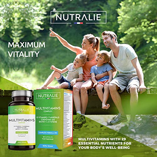 Multivitaminas y Minerales 29 Nutrientes Esenciales | Complejo Multivitaminico Vegano con Vitaminas A, B, C, D, E, K, Biotina, L-cisteína, Coenzima Q10 y 9 Minerales | 60 Cápsulas Veganas Nutralie