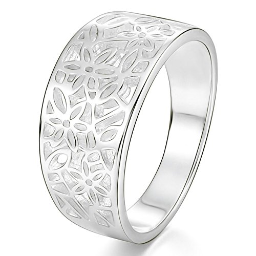 MunkiMix 925 Plata Banda Venda Anillo Ring Flor Flower Patrón Hoja Filigrana Alianzas Boda Talla Tamaño 20 Mujer