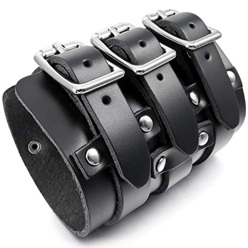 MunkiMix Aleación Genuina Cuero Pulsera Brazalete Brazalete Manguito El Tono De Plata Negro Ajustable Hombre