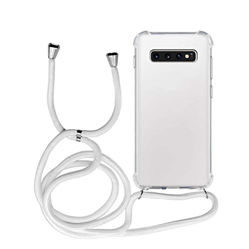 MyGadget Funda Transparente con Cordón para Samsung Galaxy S10 Plus - Carcasa Cuerda y Esquinas Reforzadas en Silicona TPU - Case y Correa - Blanco