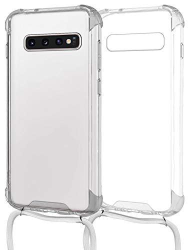 MyGadget Funda Transparente con Cordón para Samsung Galaxy S10 Plus - Carcasa Cuerda y Esquinas Reforzadas en Silicona TPU - Case y Correa - Blanco