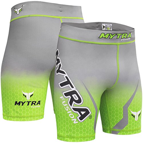 Mytra Fusion Pantalones Cortos Tudo de compresión, para MMA con compresión térmica, para Crossfit con Capa Base, para Correr y Vale tudo (Verde y Gris, XL)