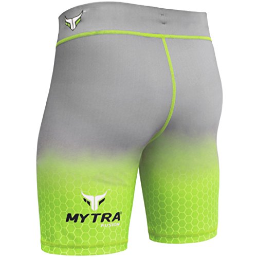 Mytra Fusion Pantalones Cortos Tudo de compresión, para MMA con compresión térmica, para Crossfit con Capa Base, para Correr y Vale tudo (Verde y Gris, XL)